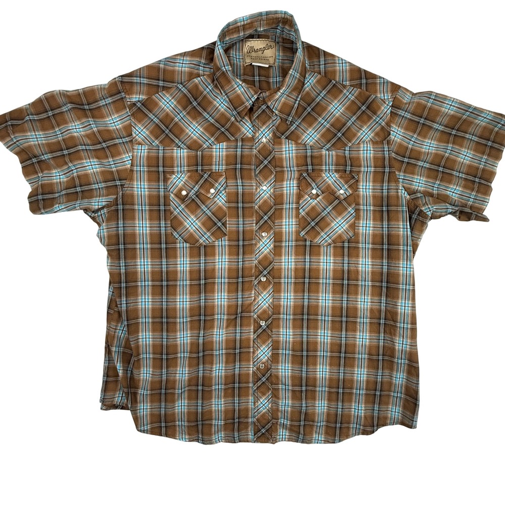 Wrangler Western Fashion Pearl Snap Shirt Brown Blue Plaid Short Sleeve Plaid